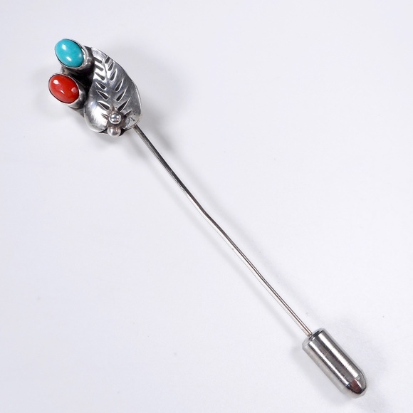 VTG Navajo Roy Vandever Signed Turquoise Coral Stick Pin Sterling Silver Brooch - Picture 3 of 7
